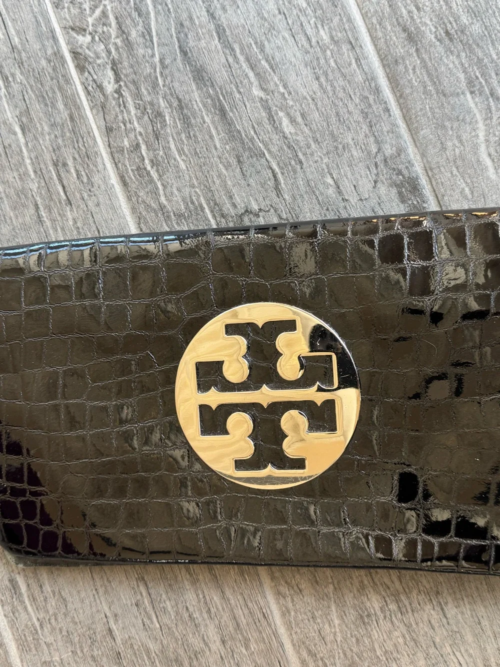 Tory Burch Reva Croc Embossed Patent Leather Fold over clutch bag